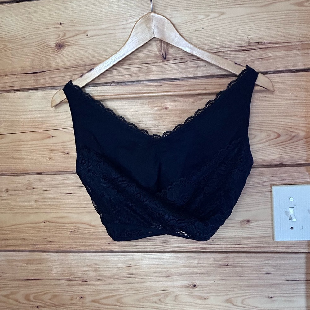 Cara Mia Black Lace‎ Longline Bralette 2X Wireless Soft Cup Comfort Bra